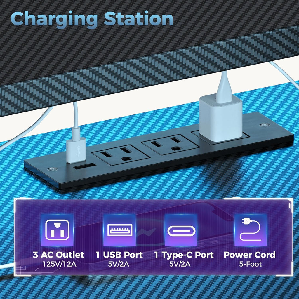 L Shaped Gaming Desk with Shelves Storage Drawers 52'', Black Computer Desks with LED Lights Power Outlets, Office Wood Table with PC Stand Cable Management for Bedroom Dual Monitor Streaming