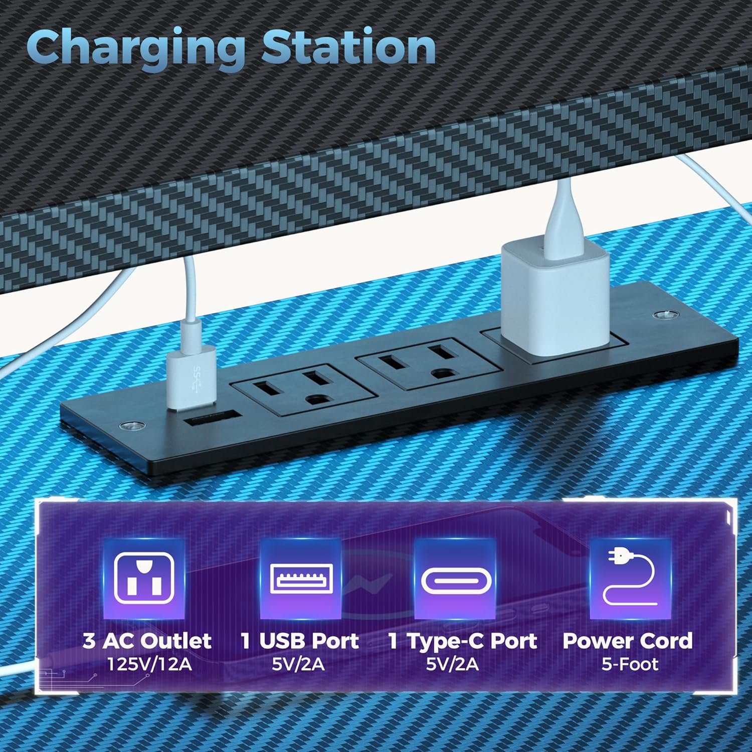 L Shaped Gaming Desk with Shelves Storage Drawers 52'', Black Computer Desks with LED Lights Power Outlets, Office Wood Table with PC Stand Cable Management for Bedroom Dual Monitor Streaming