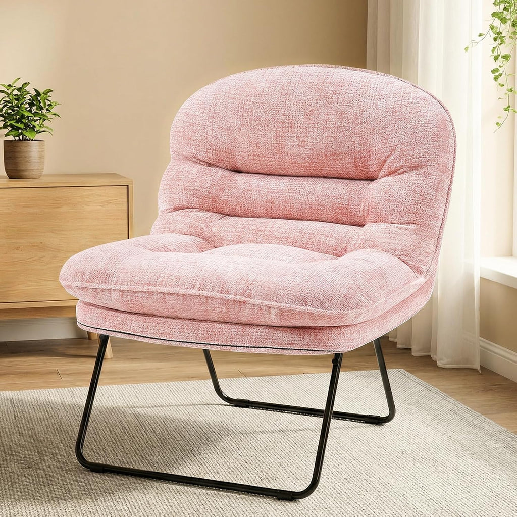 Saucer Chair, Foldable Living Room Chairs, Soft Faux Fur Lounge Chair for Bedroom, Reading Chairs for Adults, X-Large (Pink)