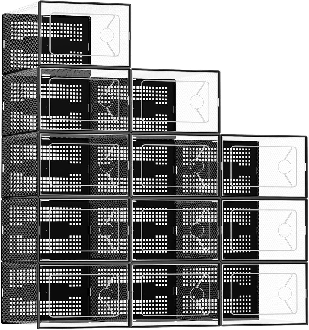 Shoe Storage Boxes, 15-Pack Stackable Clear Shoe Containers with Lids, Display Sneaker Case Organizer for Closet, Under Bed, Entryway,White (Fit Size 9)