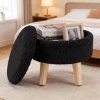 Round Storage Ottoman with Reversible Tray Lid, Multi-Functional Footrest, Teddy Velvet Footstool with Wood Legs, Small Coffee Table for Living Room, Bedroom, Black