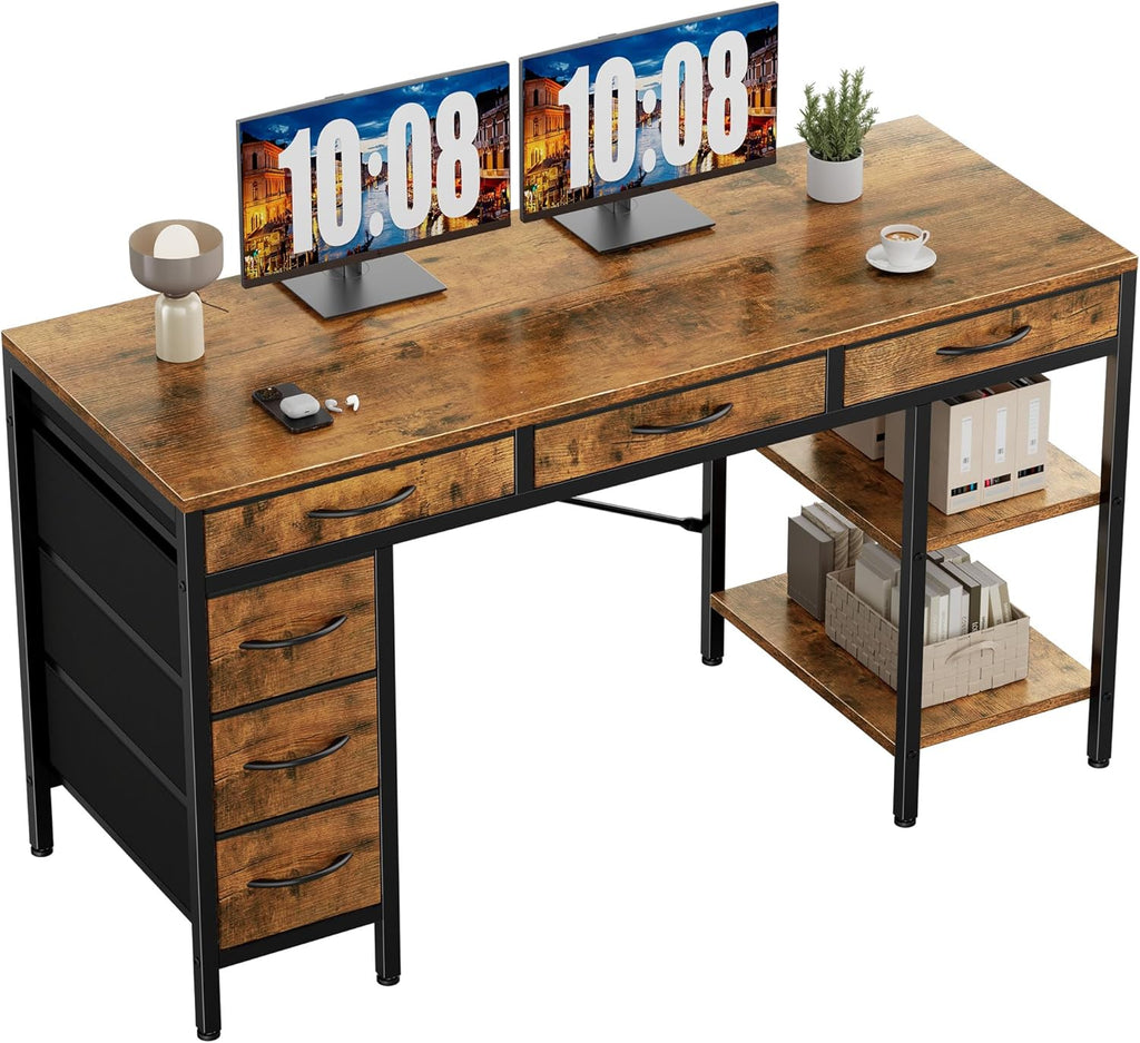 55 Computer Desk with 6 Drawers, Home Office Gaming Desks with Storage Shelves for Bedroom, Writing Study Corner Living Room Work Table Rustic Brown