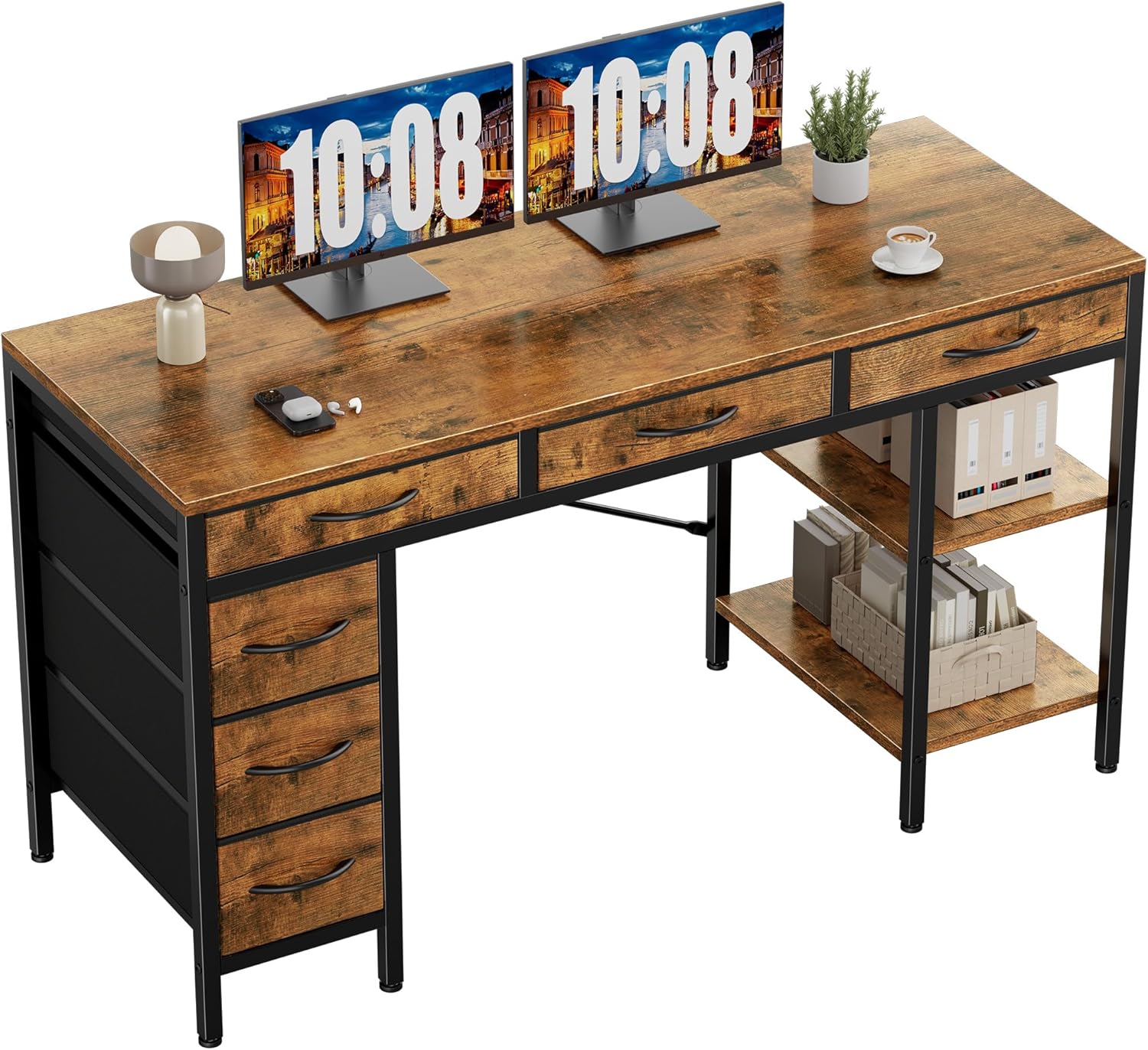 55 Computer Desk with 6 Drawers, Home Office Gaming Desks with Storage Shelves for Bedroom, Writing Study Corner Living Room Work Table Rustic Brown