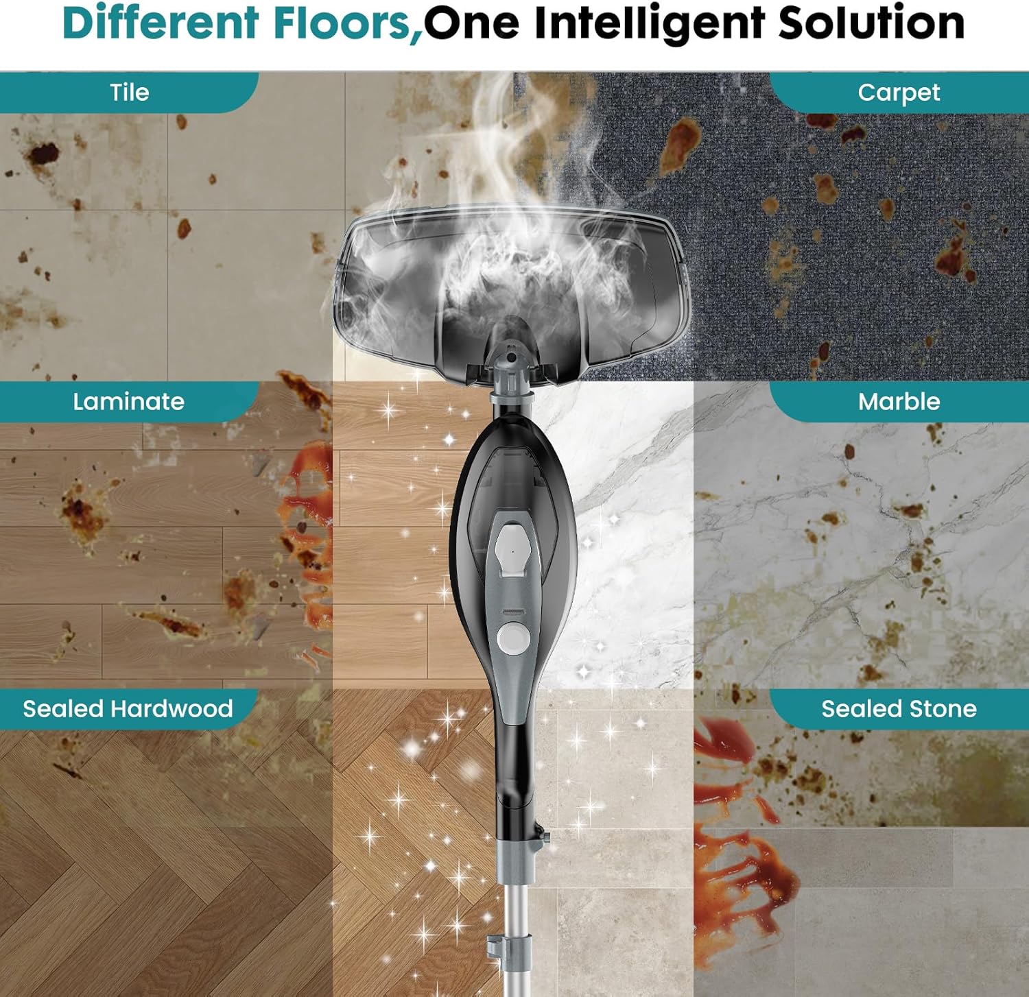 10-in-1 Steam Mop, 1550W Detachable Handheld Steam Cleaner for Floor Cleaning, 16FT Cord, 2 Washable Pads, Multi-Purpose Floor Steamer for Hardwood, Carpet, Tile, Grout, Windows, Black Grey