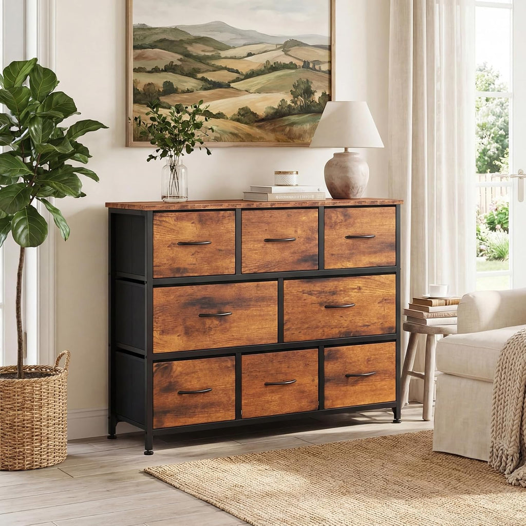 TV Stand, Dresser with 8 Fabric Drawers, Spacious Storage Tower for Closet, TV Stand with Wood Top and Mental Frame, Storage Unit for Living Rooms, Bedroom and Entryway, Brown