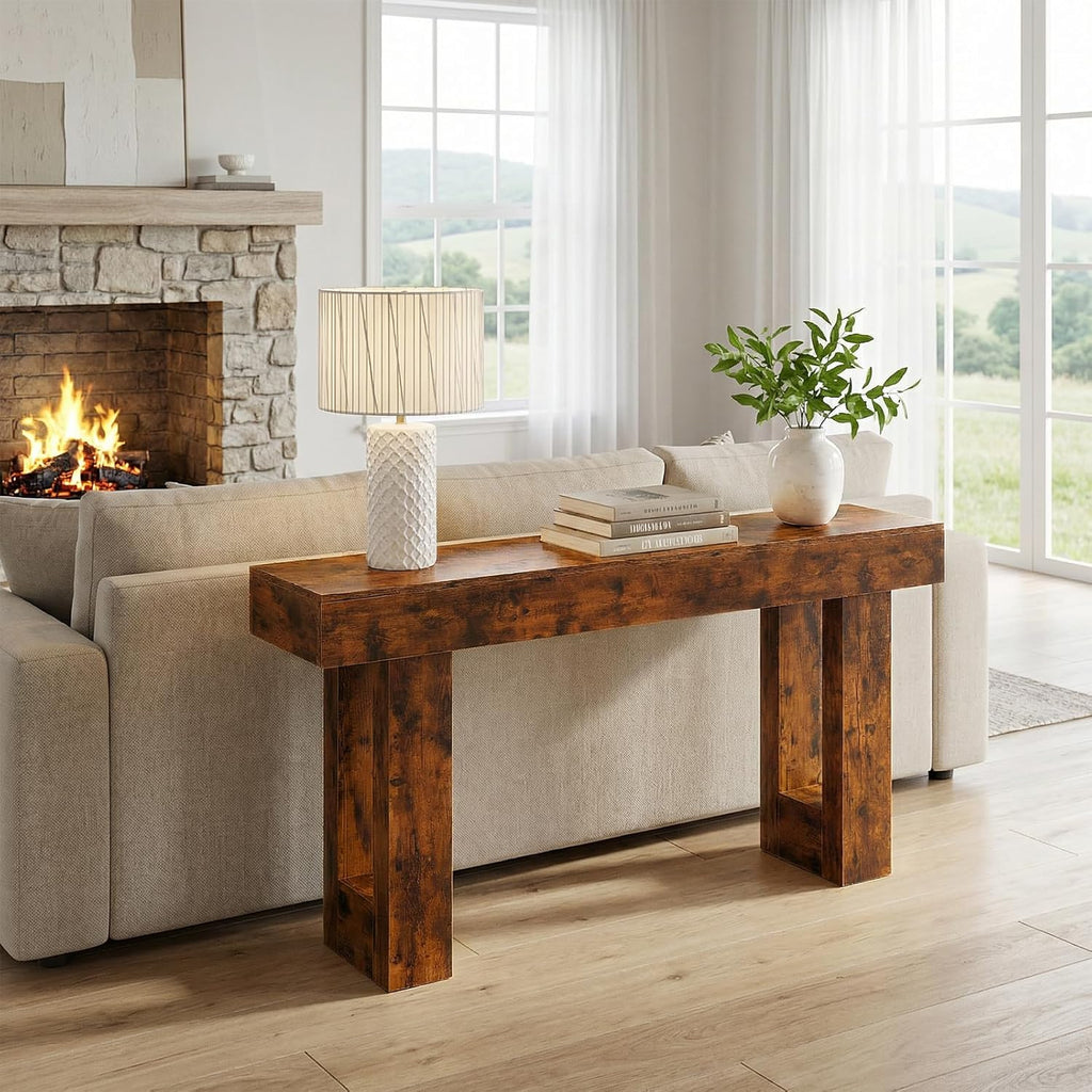 63-Inch Narrow Console Table, Sturdy Wooden Entryway Table with 5.9 Thick Top, Heavy Duty 155lbs Capacity, Space-Saving Sofa Table for Living Room, Hallway, Entrance, Foyer, Brown