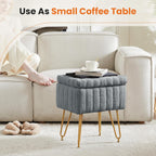 Vanity Stool Chair with Storage, 18.9??H x 16??L x 12.2??W Ottoman Chair Faux Fur Soft Padded Makeup Footstools Seat with 4 Metal Legs Anti-Slip Adjustable Feet for Make Up, Grey
