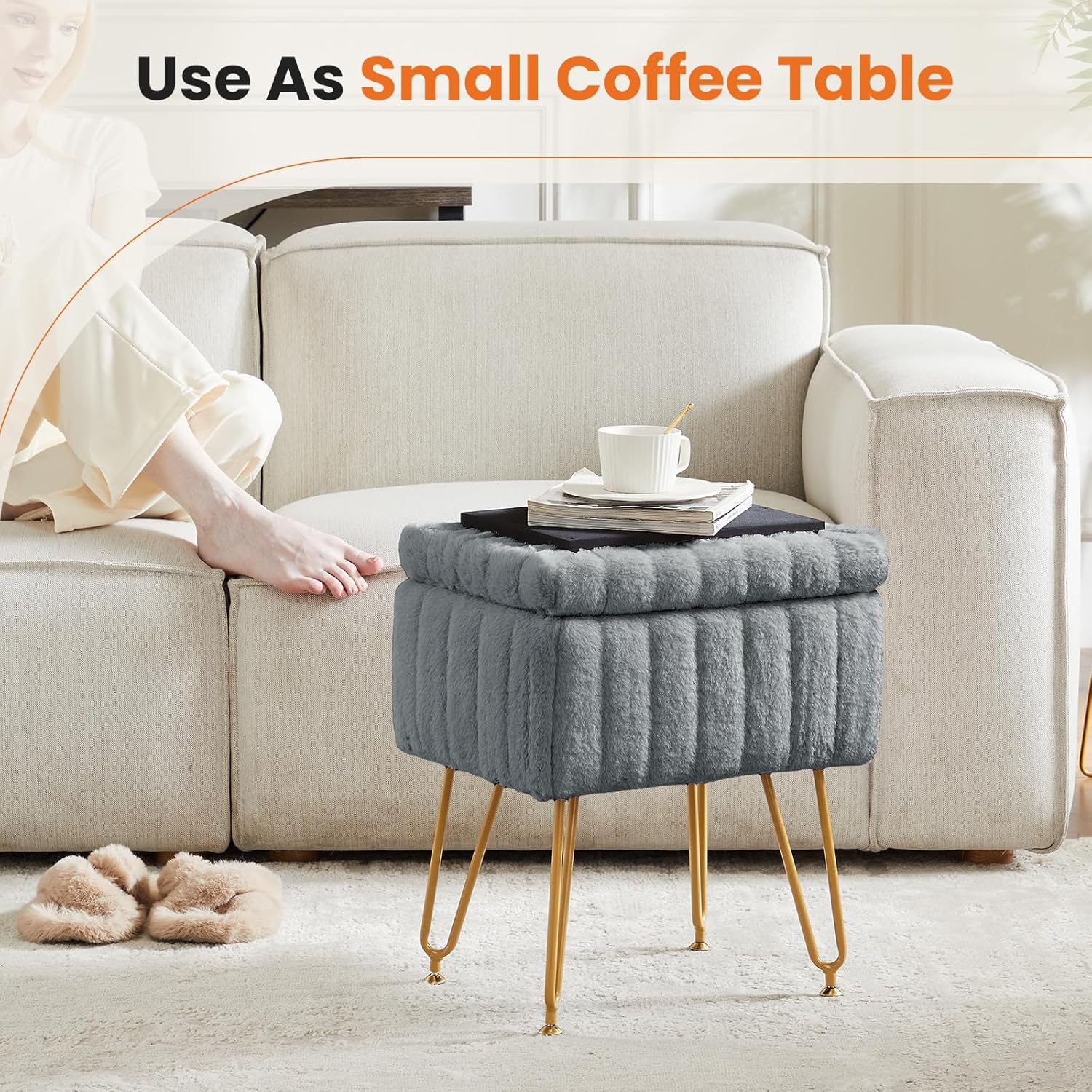 Vanity Stool Chair with Storage, 18.9??H x 16??L x 12.2??W Ottoman Chair Faux Fur Soft Padded Makeup Footstools Seat with 4 Metal Legs Anti-Slip Adjustable Feet for Make Up, Grey