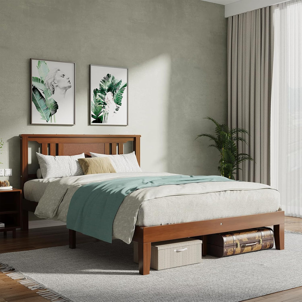 Twin Size Wood Bed Frame with Headboard, Solid Natural Wooden Platform Bed Base, Heavy Duty Slat Support Mattress Foundation, No Box Spring Needed, Low-Profile Design