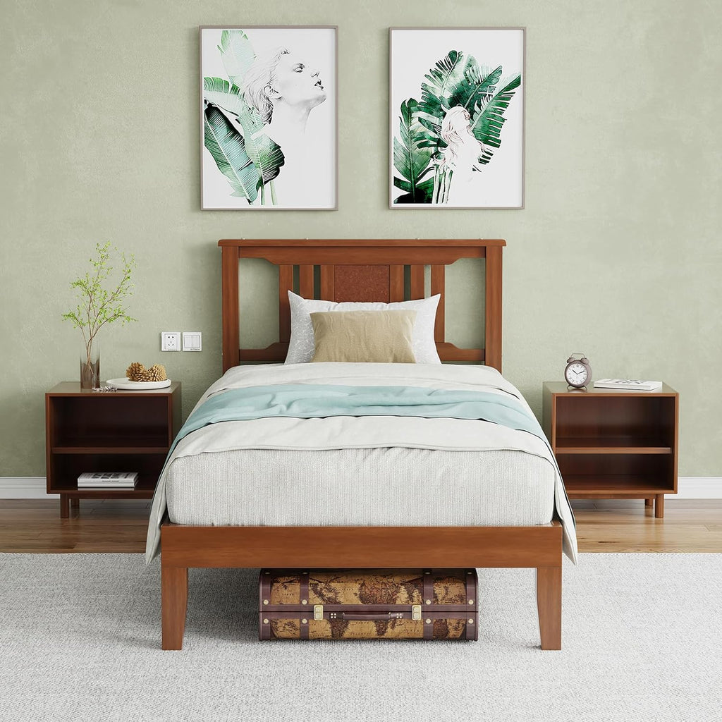 Queen Size Wood Bed Frame with Headboard, Solid Natural Wooden Platform Bed Base, Heavy Duty Slat Support Mattress Foundation, No Box Spring Needed, Low-Profile Design