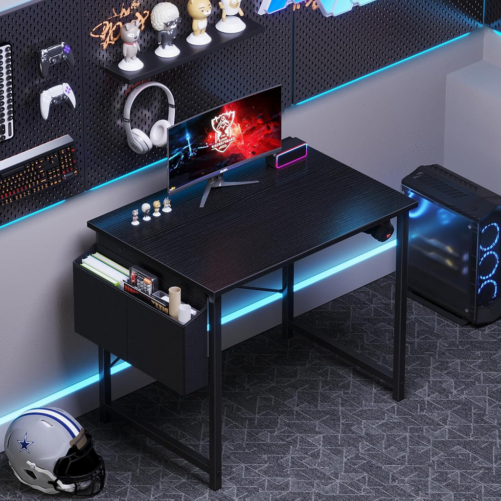 Computer Desk 31 Inch Home Office Desks for Small Spaces, Gaming Writing Study Work Table with Storage Bag and Headphone Hook for Bedroom, Black