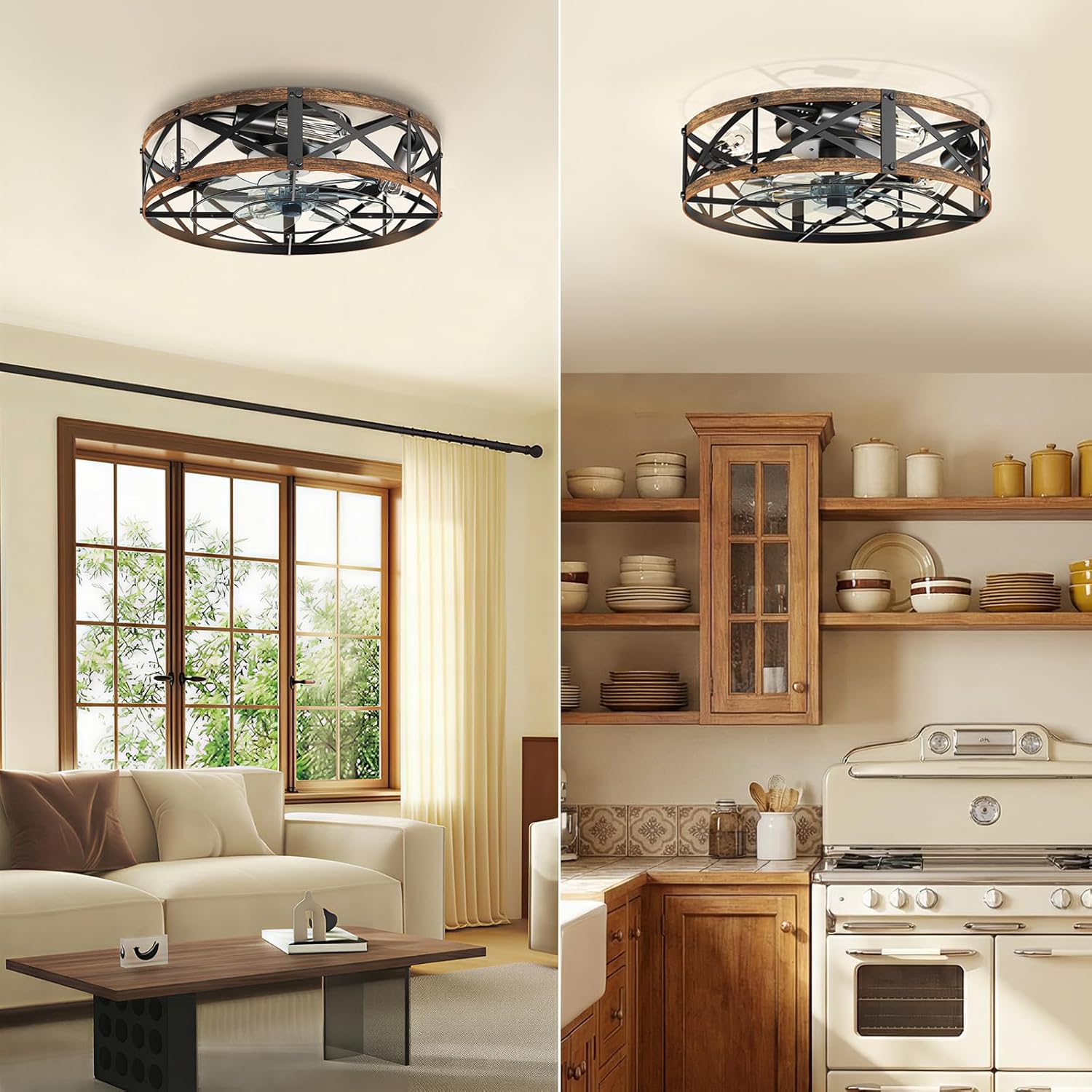 Ceiling Fans with Remote, Farmhouse Ceiling Fan, 22 Inch Low Profile Caged Fandelier, Flush Mount with 6 Wind Speeds, for Bedroom, Kitchen, Living Room, Bulbs Not Included, Gold