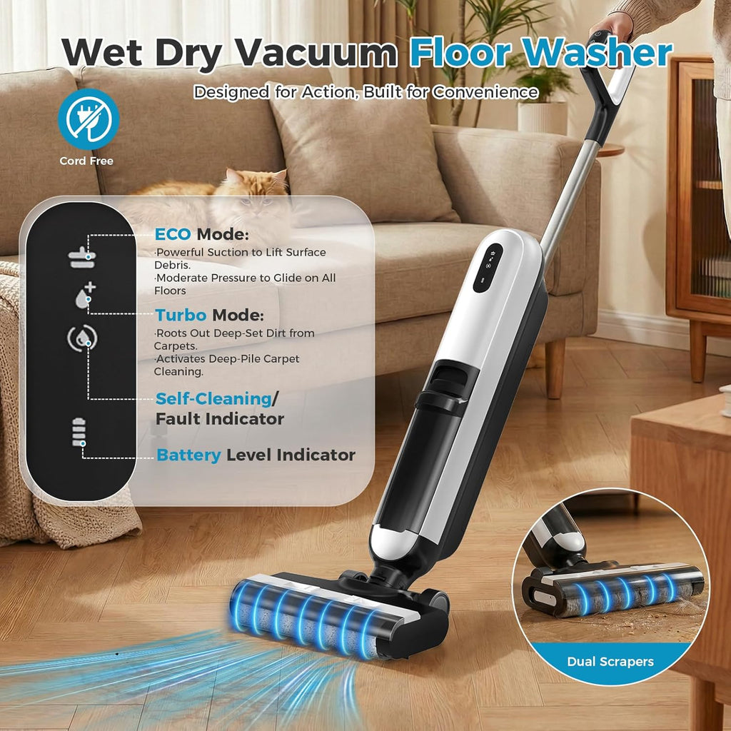 Wet Dry Vacuum Cleaner, Cordless All-in-One Vac Mops, Vacuum Mop with Self-Cleaning System, Dual Water Tank Design, Tangle-Free Brush, Dual-Edge Cleaning, 35-Min Runtime