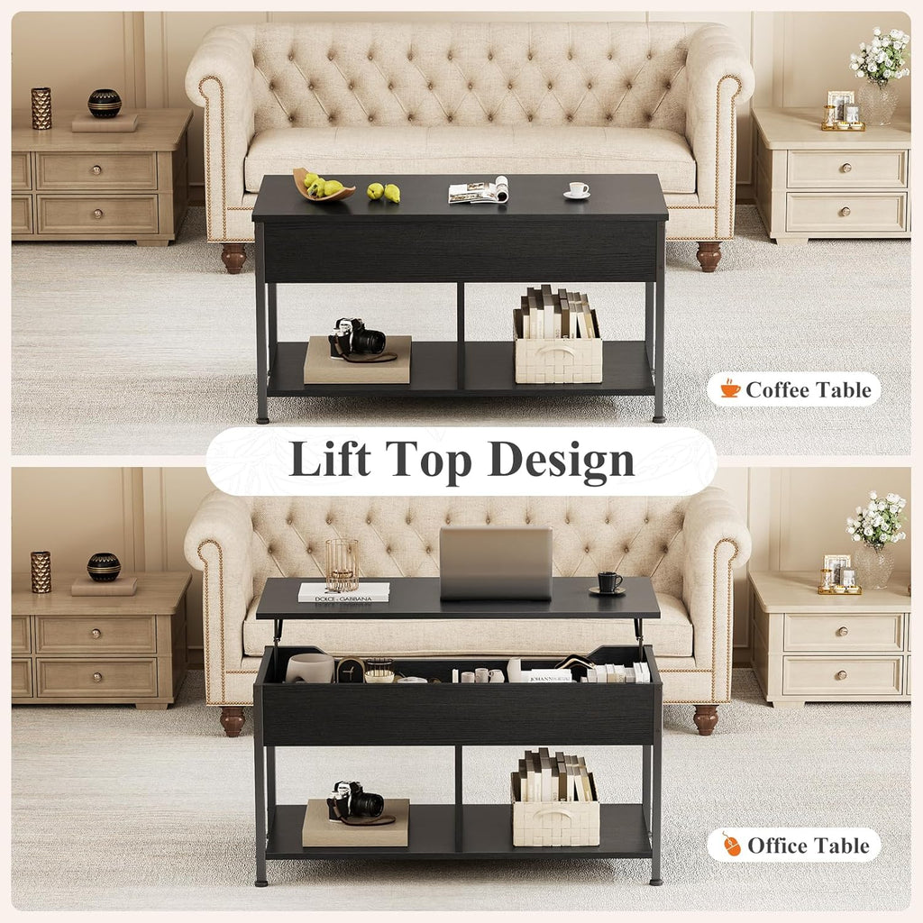 Lift Top Coffee Table with Storage 39 Center Table with Hidden Compartment & 2 Shelves Farmhouse, Wood Coffee Table for Living Room with Sturdy Lift-Top Adjustable Feet Rust Dark