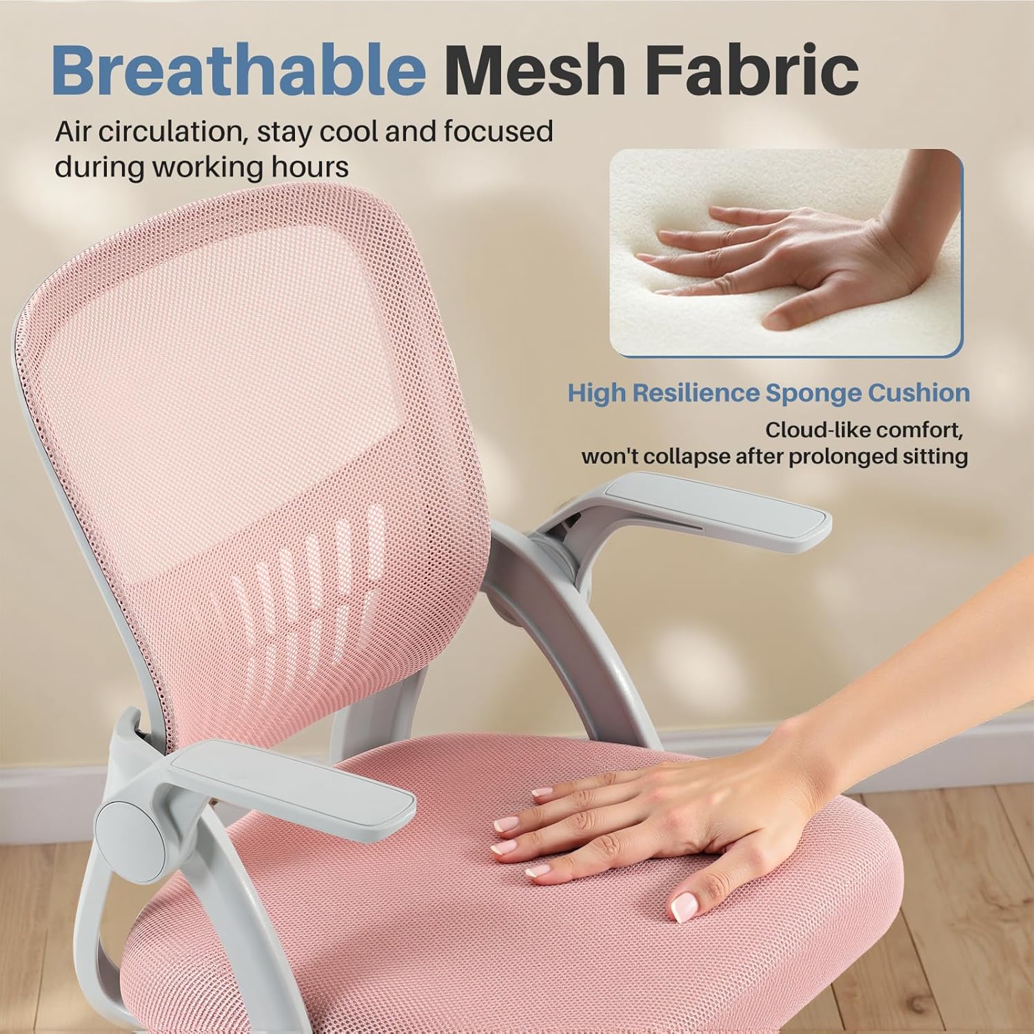 Home Office Managerial Executive Chair, Flip Up Armrest Ergonomic Mesh Adjustable Swivel Mid-Back Computer Desk Chair with Comfortable Lumbar Support, Comfy Arms for Bedroom,Study