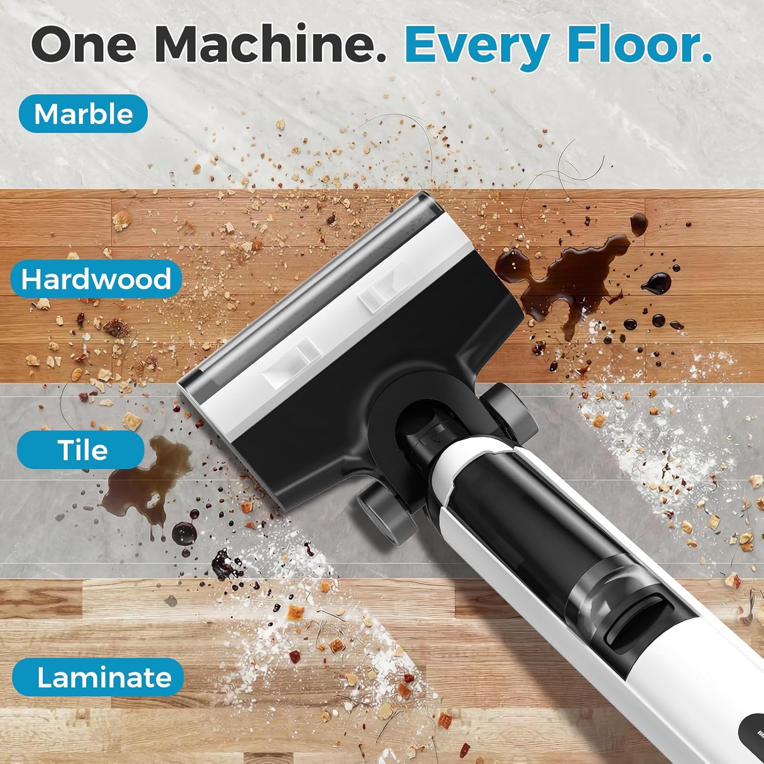 Wet Dry Vacuum Cleaner, Cordless All-in-One Vac Mops, Vacuum Mop with Self-Cleaning System, Dual Water Tank Design, Tangle-Free Brush, Dual-Edge Cleaning, 35-Min Runtime