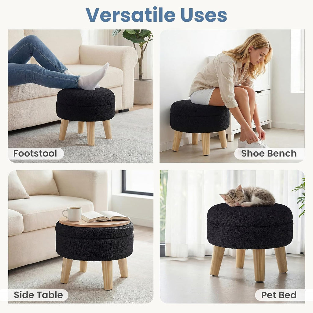 Round Storage Ottoman with Reversible Tray Lid, Multi-Functional Footrest, Teddy Velvet Footstool with Wood Legs, Small Coffee Table for Living Room, Bedroom, Black
