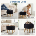 Round Storage Ottoman with Reversible Tray Lid, Multi-Functional Footrest, Teddy Velvet Footstool with Wood Legs, Small Coffee Table for Living Room, Bedroom, Black