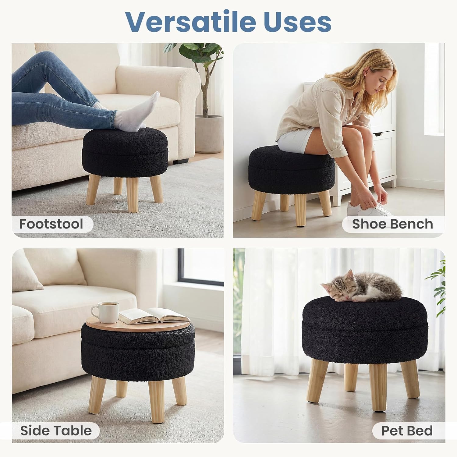 Round Storage Ottoman with Reversible Tray Lid, Multi-Functional Footrest, Teddy Velvet Footstool with Wood Legs, Small Coffee Table for Living Room, Bedroom, Black