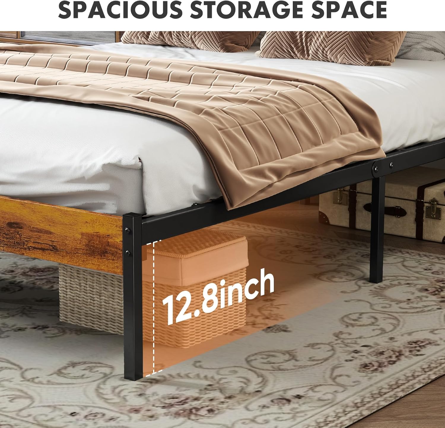 Full Size Bed Frame with Headboard, 800LBS Mattress Foundation with All Sturdy Metal Support, Under Bed Storage, No Box Spring Needed, Easy Assembly, Rust Brown