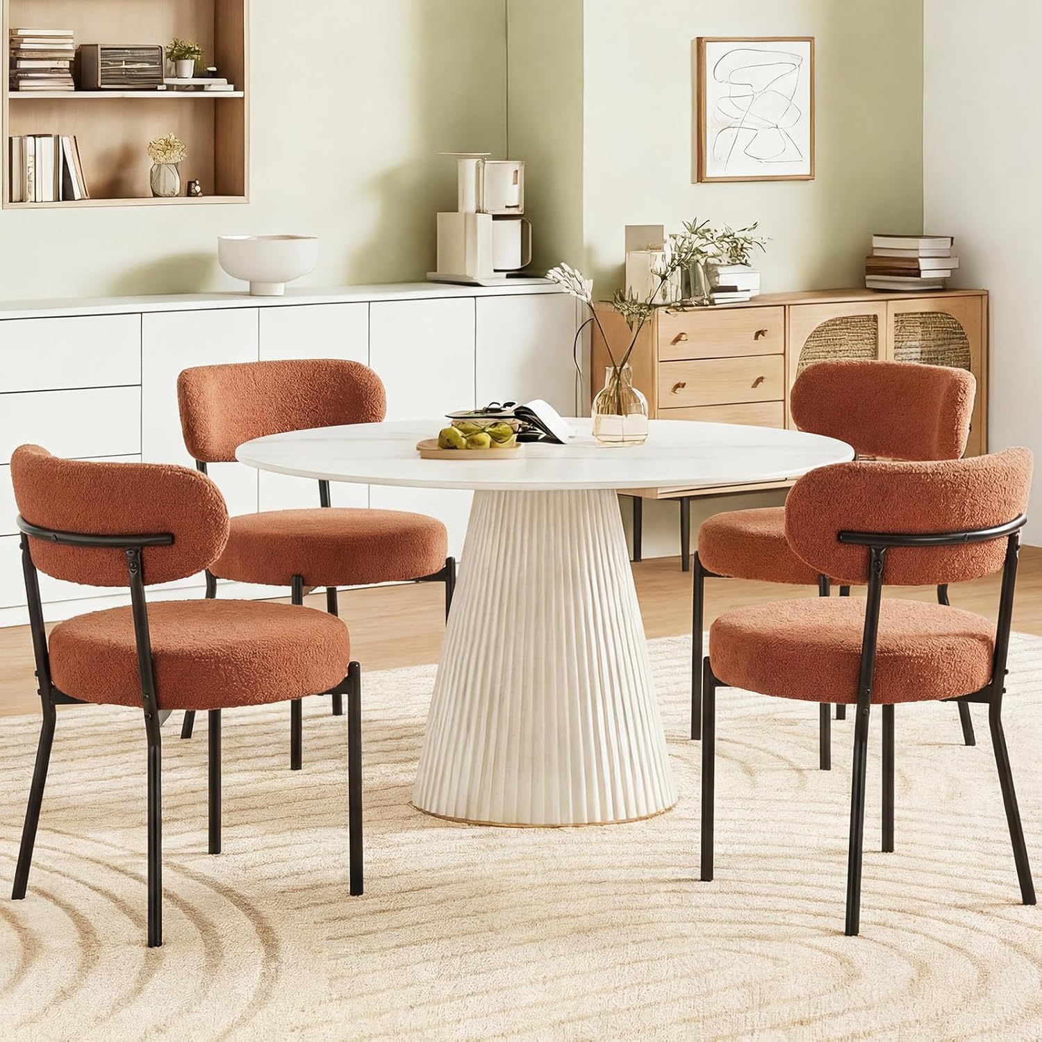 Dining Chairs Set of 6, Mid Century Modern Chair Round Upholstered Curved Backrest, Kitchen Vanity Living Room Chairs with Black Metal Legs, Orange