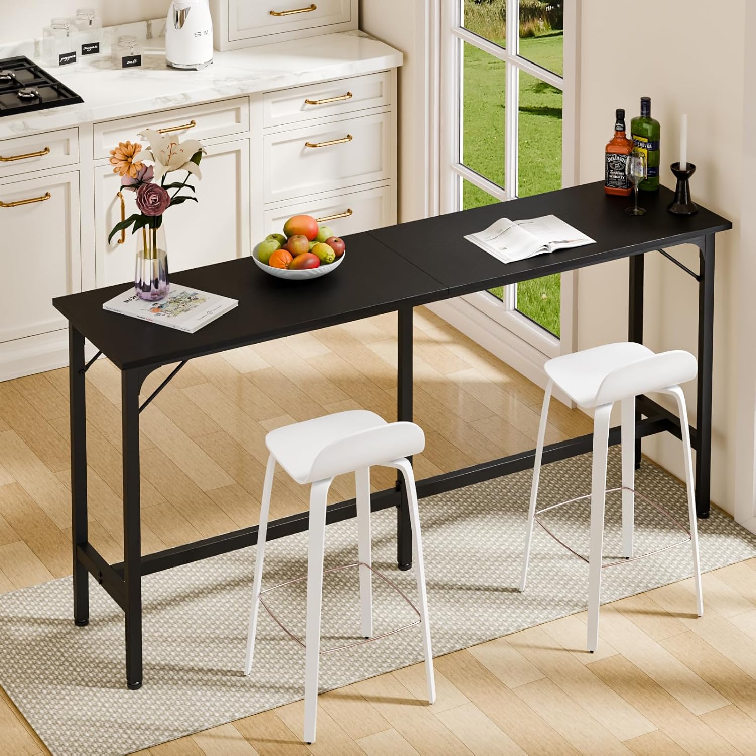 71 inch Bar Table, Counter Bar Height Pub Table, Rectangular High Top Coffee Table, Narrow Long Kitchen & Dining Tables with Triangular Reinforced Structures and Centre Column Support, Black