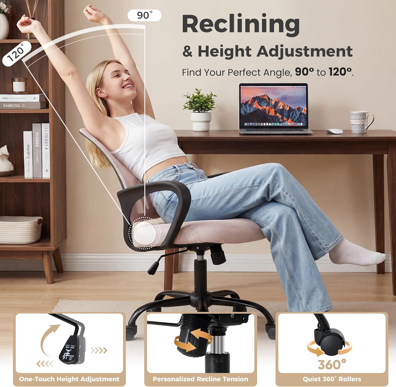 Office Desk Chair - Ergonomic Mid Back with Lumbar Support & Rocking Mode, Height Adjustable with Fixed Armrest, for Home, Computer, Gaming, Conference, Meeting Room, 360?? Swivel, Pink, 2 Pack