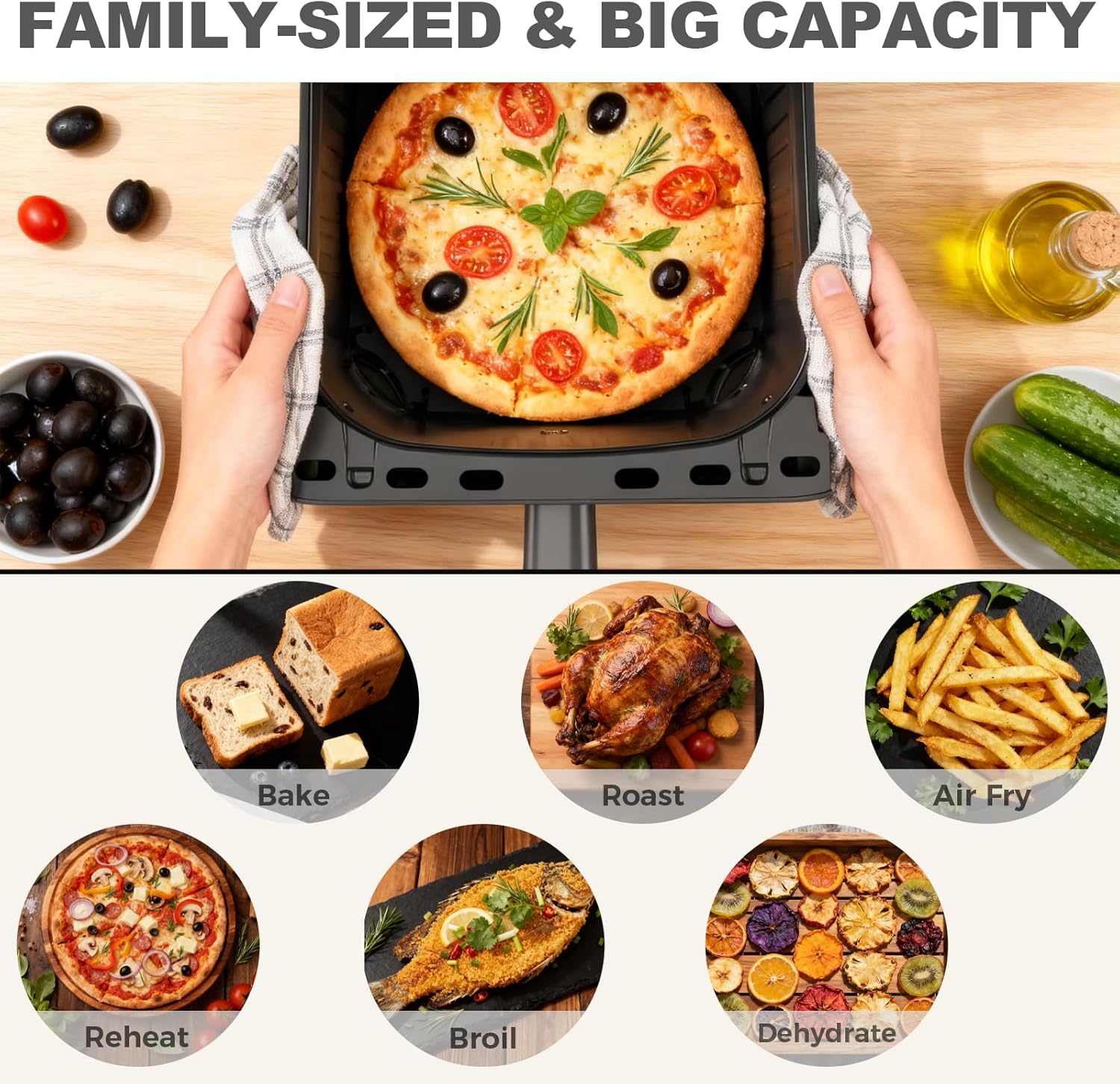 7.9QT Air Fryer with Window, 12-In-1 Large Air Fryer for Family, 400??F Rapid Air Crispy Technology, Roast Bake Dehydrate Reheat, Nonstick & Easy-Clean Basket, 1800W, Black