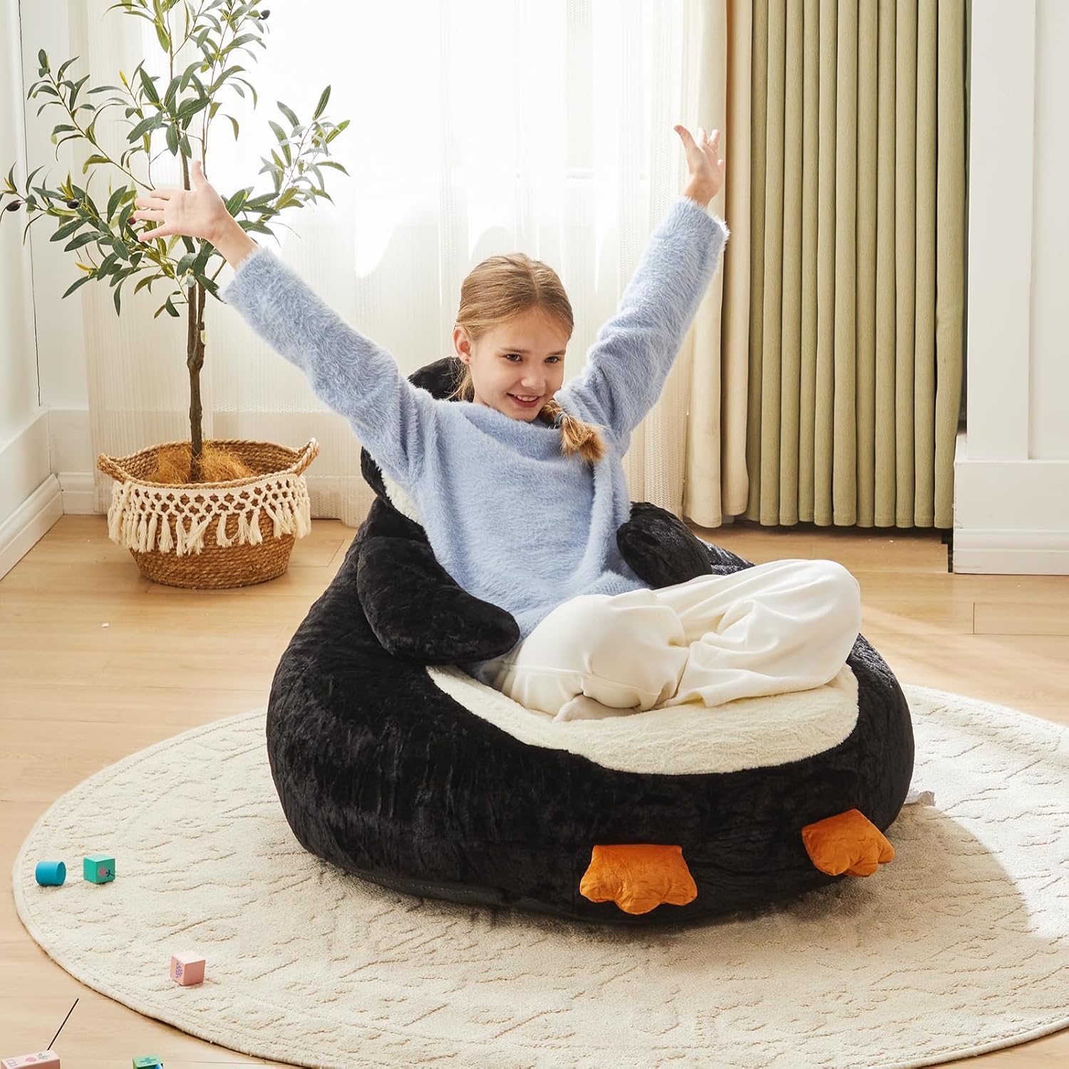 Kids Bean Bag Chair, Stuffed Toddler Couch with Faux Rabbit Fur Cover for Teens & Kids, Comfy Lazy Sofa Chair for Reader, Living Room, Bedroom, Aged 4-12 Years, 34 Inch, Penguin Black White