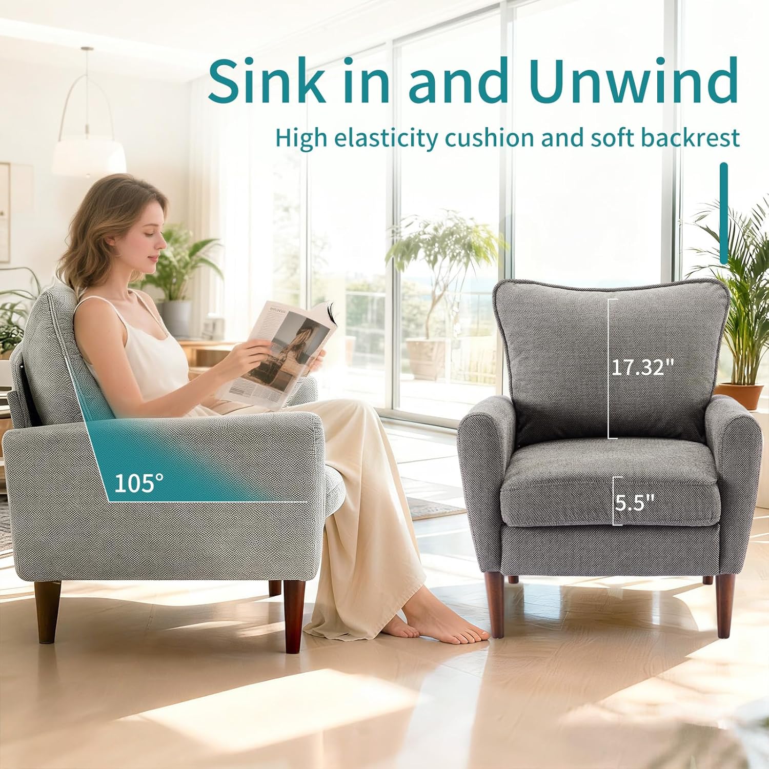 Comfy Accent Chair for Living Room Bedroom and Waiting Room, Upholstered Mid-Century Reading Chair with Pillow and Solid Wood Legs, Wide Singe Modern Lounge Sofa (Gray, 2 Pack)