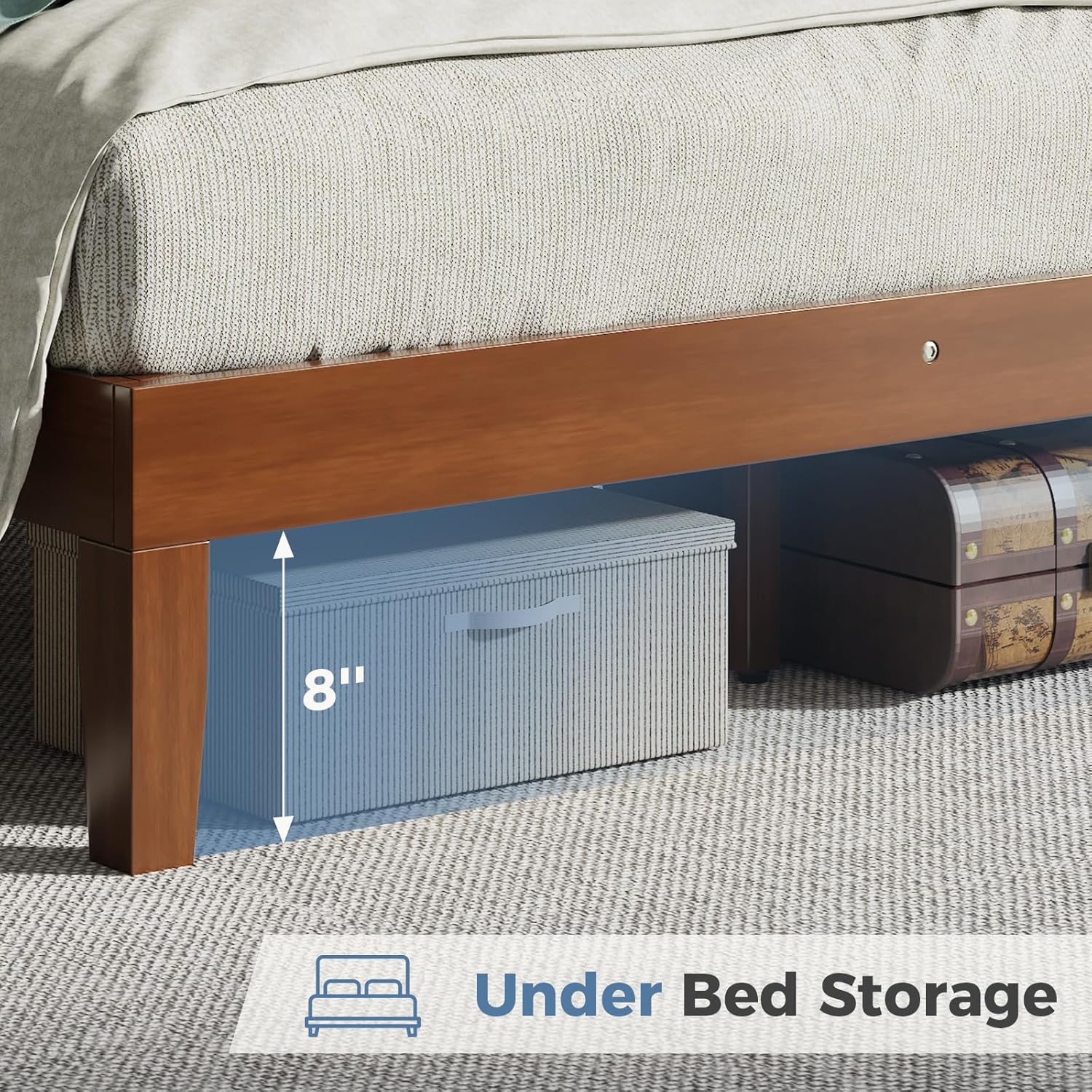 Queen Size Wood Bed Frame with Headboard, Solid Natural Wooden Platform Bed Base, Heavy Duty Slat Support Mattress Foundation, No Box Spring Needed, Low-Profile Design