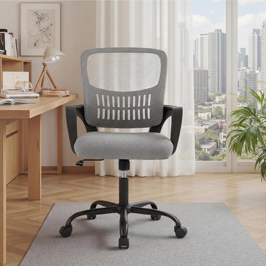 Home Office Chair - Ergonomic Mid Back Mesh Desk Chair with Lumbar Support & Rocking Mode, Height Adjustable, Fixed Armrest, for Conference, Computer, 360?? Swivel, Adults, Grey