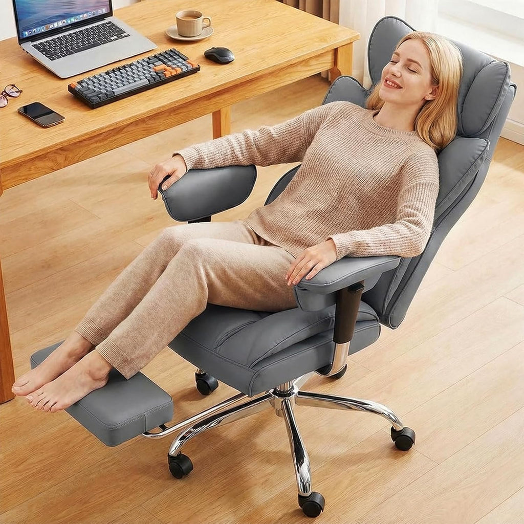 Big and Tall Home Office Desk Chair, Gaming Computer Chair, Executive Ergonomic Chair with Footrest, High Back Reclining, Adjustable Armrests and Comfy Lumbar Support, PU Leather, Grey
