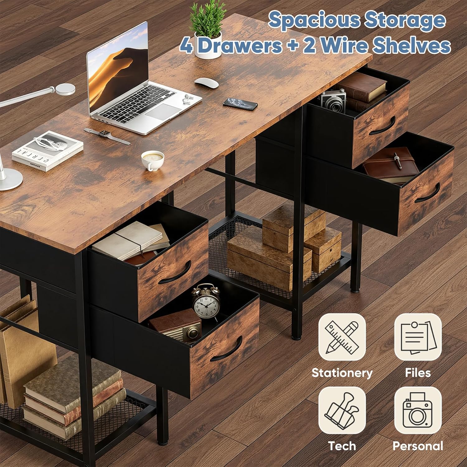 Computer Desk 47 Inch with 4 Drawers Home Office Table with Mesh Shelf for Work Study Writing Gaming Storage Furniture for Bedroom, Rustic Brown