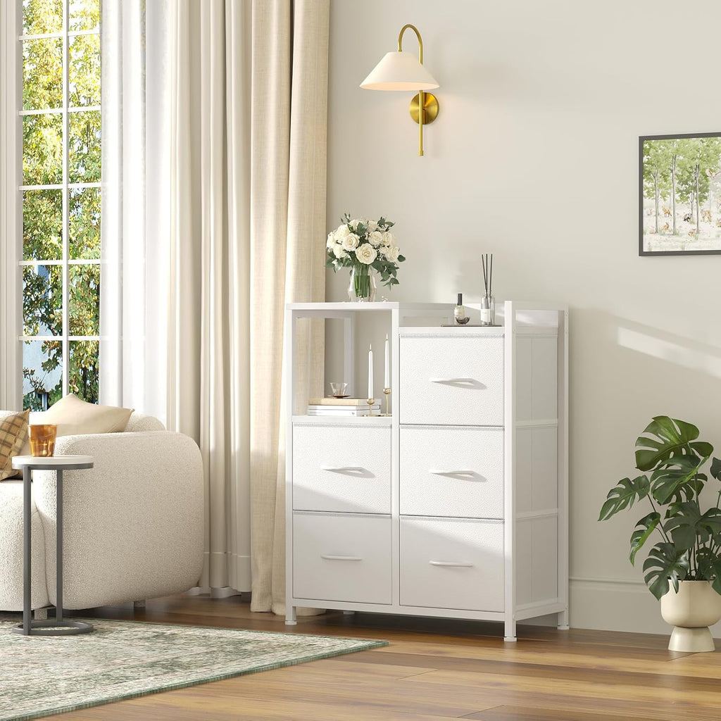 5 Drawer Fabric Dresser with Side Cabinet & Open Shelf, Storage Organizer Tower with Raised Top, Chest of Drawers for Bedroom, Closet, Hallway, Entryway & Living Room, White