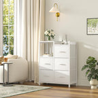 5 Drawer Fabric Dresser with Side Cabinet & Open Shelf, Storage Organizer Tower with Raised Top, Chest of Drawers for Bedroom, Closet, Hallway, Entryway & Living Room, White