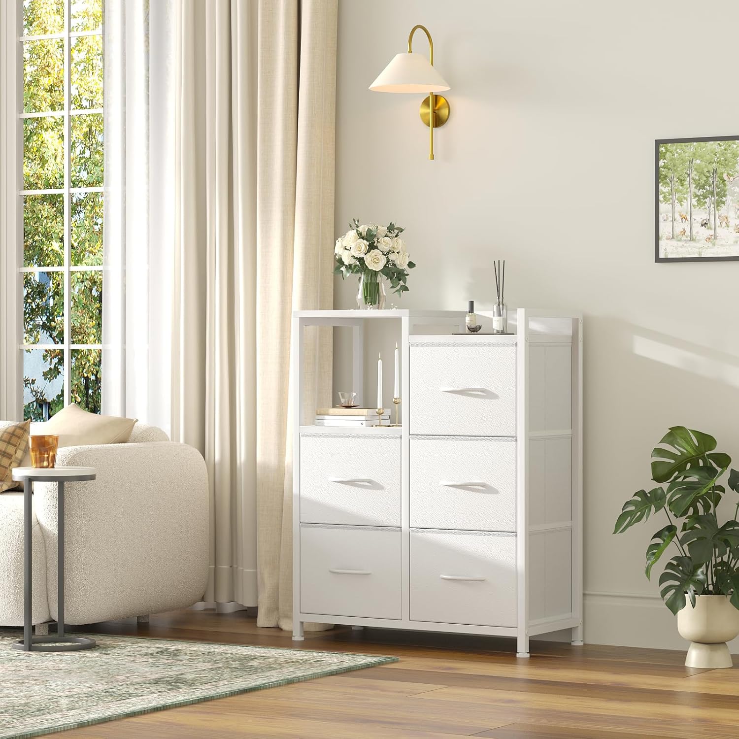 5 Drawer Fabric Dresser with Side Cabinet & Open Shelf, Storage Organizer Tower with Raised Top, Chest of Drawers for Bedroom, Closet, Hallway, Entryway & Living Room, White