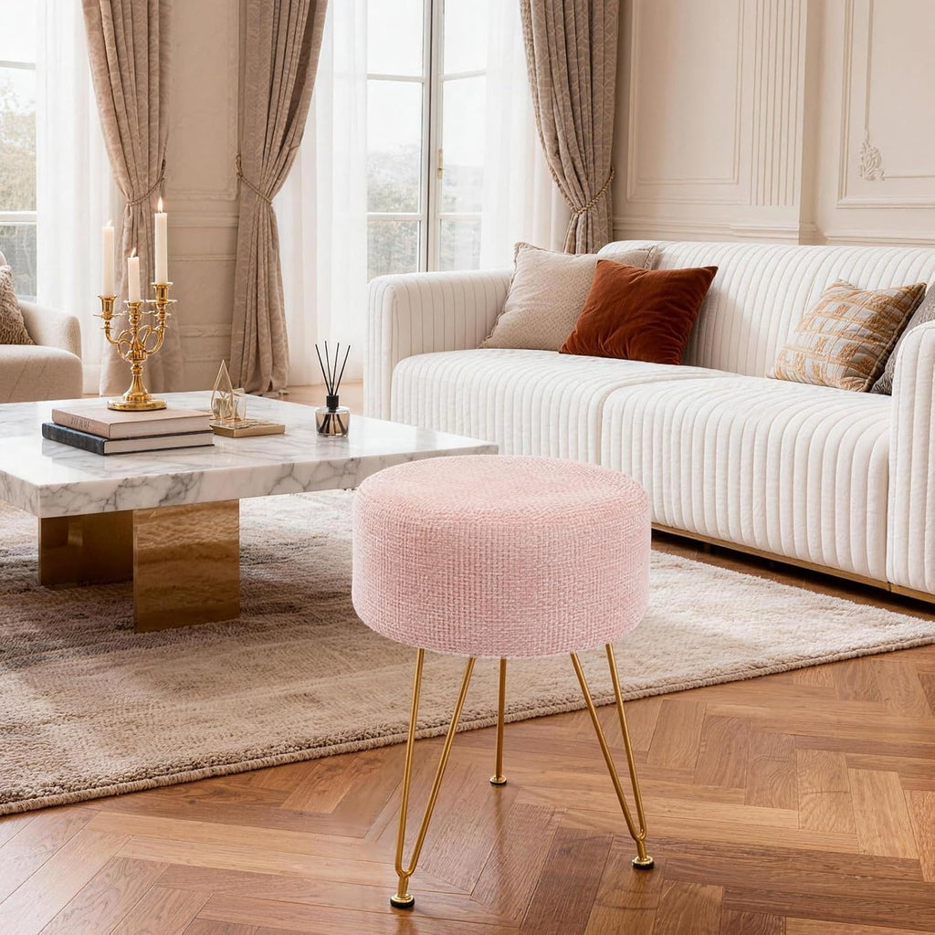 Velvet Vanity Stool, 350LBS Heavy-Duty Makeup Stool with 4CM Thick Cushion, Round Ottoman Footrest Chair for Bedroom, Bathroom, Dressing Table, Easy-Clean Soft Fabric, Pink