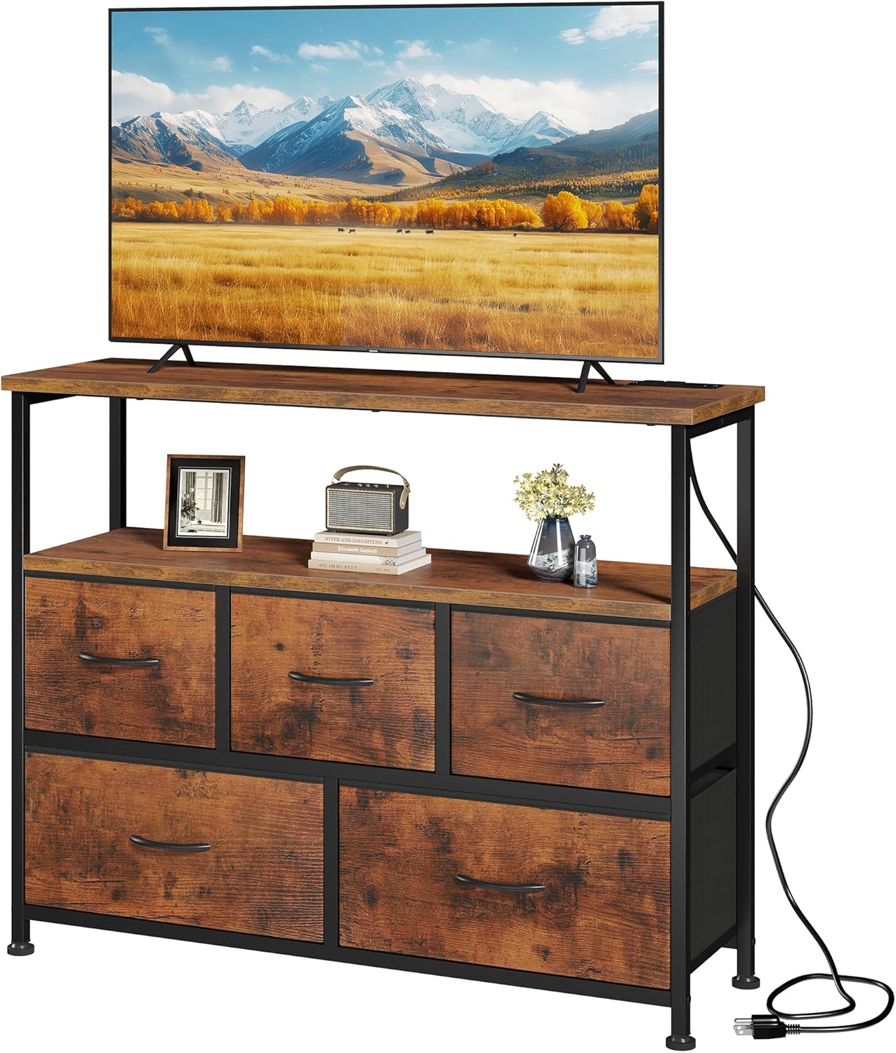 TV Stand, Dresser with 5 Fabric Storage Drawers, Media Console Featuring Open Shelf, Fabric Storage Cabinet with Charging Station, Compact Entertainment Unit for Bedroom, Living Room, White