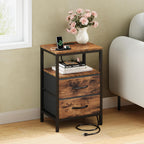 Nightstands Set of 2 with Charging Station, Bedside Table with USB Ports & Type-C, 2 Fabric Drawers Night Stand with Open Shelf, Compact End Table for Bedroom, Rustic Brown