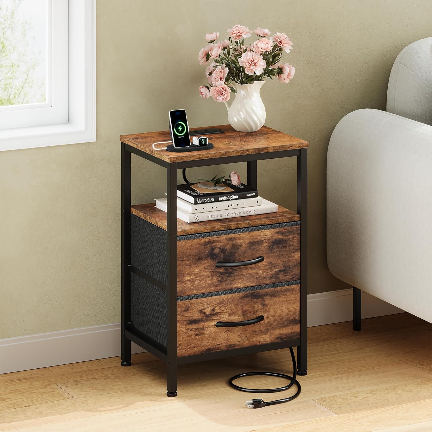 Nightstand with Charging Station, Bedside Table with USB Ports & Type-C, 2 Fabric Drawers Night Stand with Open Shelf, Compact End Table for Bedroom, Rustic Brown