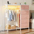 Dresser for Bedroom with Hanging Rack, 6 Drawer Fabric Dresser with Charging Station and LED Lights, Closet Organizer & Storage Tower for Living Room, Entryway, Apartment, Pink
