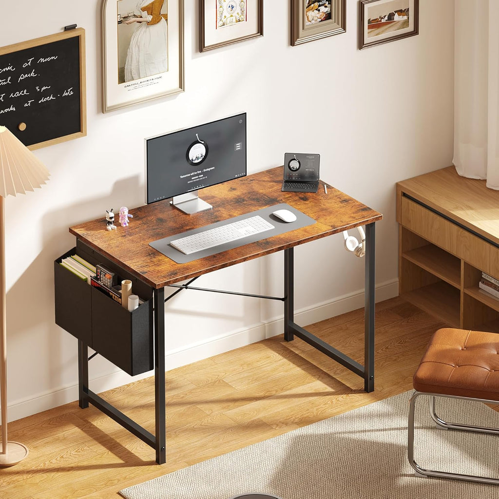 Computer Desk 40 Inch Home Office Desks for Small Spaces, Gaming Writing Study Work Table with Storage Bag and Headphone Hook for Bedroom, Rustic Brown