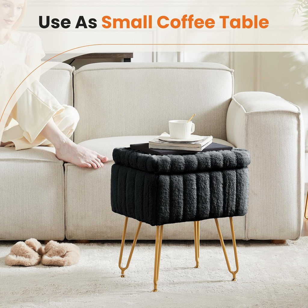 Vanity Stool Chair, Ottoman with Storage, Makeup Cute Soft Small Footstool, Modern Style Faux Fur Seat with 4 Metal Legs & Adjustable Feet for Dressing, Living Room, Bedroom, Dorm, Black