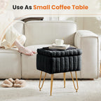 Vanity Stool Chair, Ottoman with Storage, Makeup Cute Soft Small Footstool, Modern Style Faux Fur Seat with 4 Metal Legs & Adjustable Feet for Dressing, Living Room, Bedroom, Dorm, Black