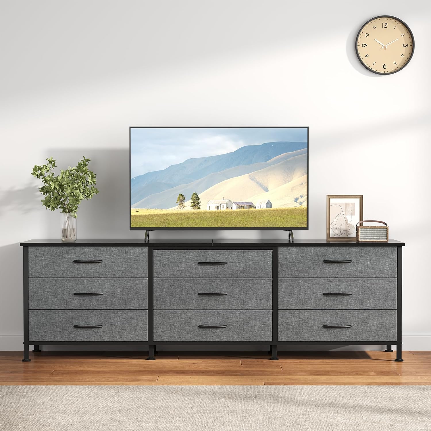 TV Stands for Living Room Furniture with 9 Fabric Drawers, Long Entertainment Center Up to 75 Inch TV, Media Console Table with Storage for Bedroom, Adjustable Feet, Grey.