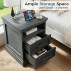 Nightstand with Charging Station, Wood Farmhouse Bedside Table with 2 Drawers and Open Shelf, Wood End Table, Modern Side Table for Bedroom, Black