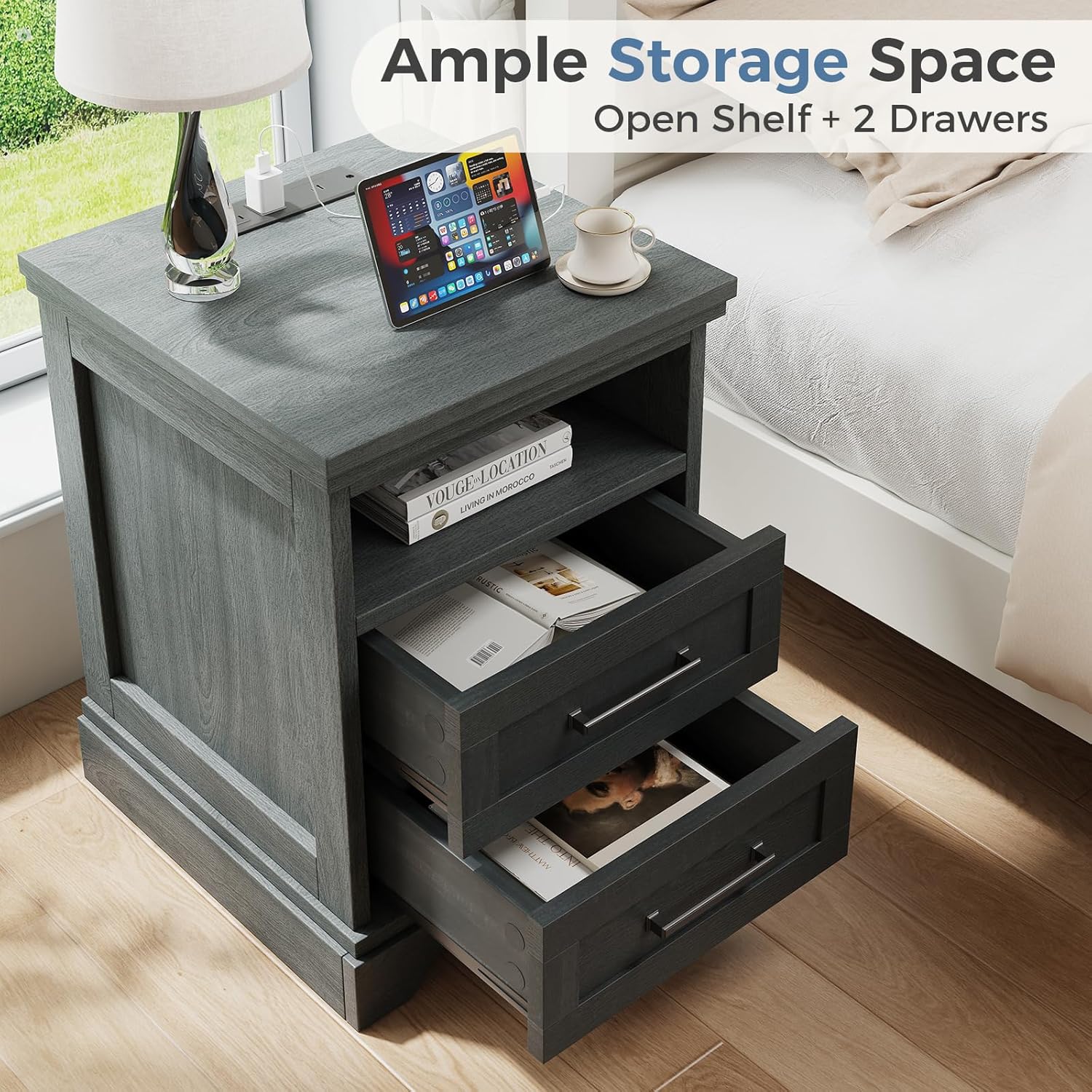 Nightstand with Charging Station, Wood Farmhouse Bedside Table with 2 Drawers and Open Shelf, Wood End Table, Modern Side Table for Bedroom, Black