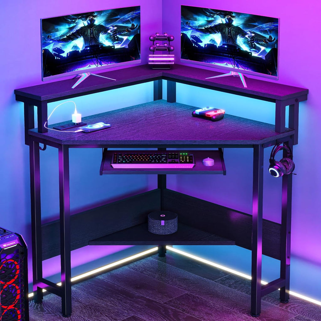 Conner Desk Home Office Computer Desk for Small Space with LED Lights Gaming Table with Storage Shelves Power Outlets Monitor Stand Keyboard Tray for Bedroom, Black