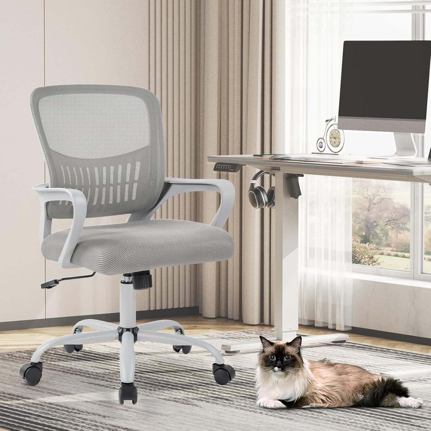 Home Office Managerial Executive Chair, Ergonomic Mesh Adjustable Swivel Mid-Back Computer Desk Chair with Comfortable Lumbar Support, Comfy Arms for Bedroom,Study